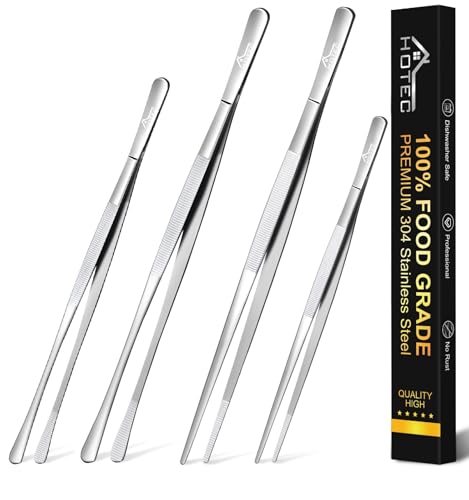 HOTEC Kitchen Tweezers Stainless Steel Cooking Tweezers 4 Pcs-10" and 12" - color: Silver, size: 4PCS: 12 & 10 Inch