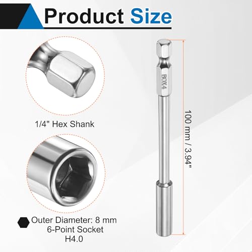 HARFINGTON Nut Driver Drill Bit 4mm Metric Socket 1/4" Hex Shank 3.94" (100mm) Long 6-Point Socket Quick Change CR-V Steel Bolt Setters for Power Drill Driver - size: 4mm
