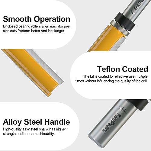 FIVEPEARS Pattern Flush Trim Router Bit, 1/2" Shank, 3/4" Cutting Dia, 2-1/2" Cutting Length, Top Bearing, Woodworking - size: 3/4" Dia - 2-1/2" CL - 1/4" Shank, style: Shank Size: 1/2"