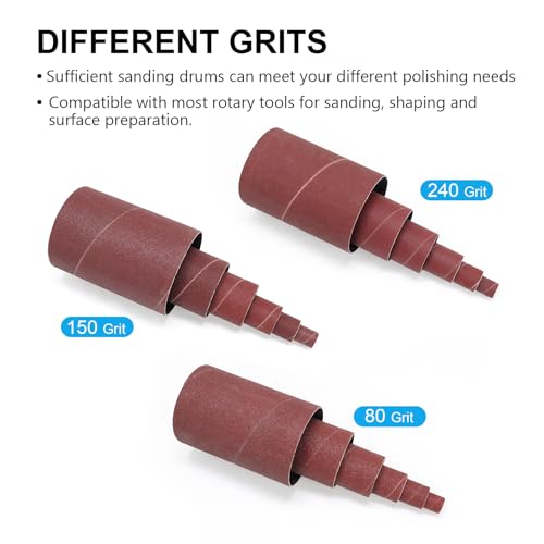 19 Pack Spindle Sander Sleeves with Sandpaper Cleaning Stick - Eraser, 4-1/2’’ Length, 1/2’’, 3/4’’, 1’’, 1-1/2’’, 2’’, 3’’ Diameter Sanding Sleeves Set, Grit 80, 150, 240,for Spindle Drum Sanders