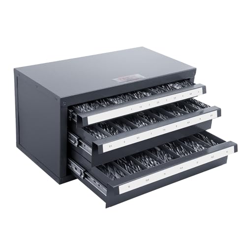 VEVOR Drill Bit Organizer - Three-Drawer Steel Cabinet for 1mm to 13mm, Labels, Stackable - size: (1/25" to 1/2")