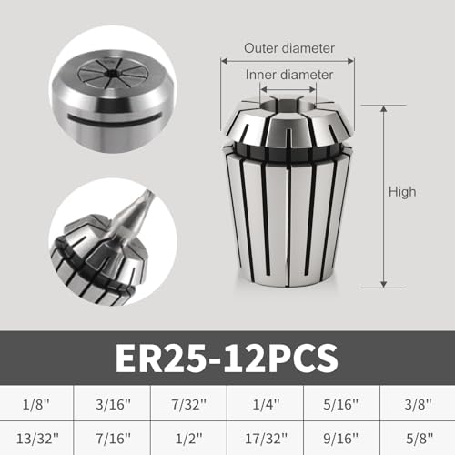 ER25 Spring 12Pcs Collet Set ER25 Collet Chuck for CNC Milling Lathe Tool & Engraving Machine Size includes:1/8", 3/16", 7/32", 1/4", 5/16", 3/8", 13/32", 7/16", 1/2", 17/32", 9/16", 5/8" - size: ER25 Collet