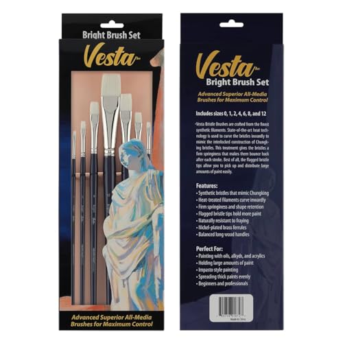 Creative Mark Vesta Synthetic Bristle Artist Paint Brushes for Acrylic Painting - Long Handle Acrylic Paint Brush Set of 7 Mimics Chungking Bristles for Oils and Alkyds - Bright Sizes 0,1,2,4,6,8,12 - size: Bright Set of 7