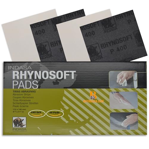 Indasa Rhynosoft Foam Sanding Pads - 4.5" x 5.5", Hook and Loop, 240 Grit, Plusline, Flexible, Tear-Resistant, Ideal for Automotive, Wood,& Finishing (Pack of 20 Pads) - size: 240-Grit 20 Pads Plusline