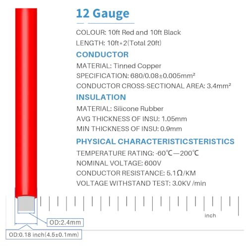 BNTECHGO 12 AWG Silicone Wire Red and Black Each 10ft Tinned Copper Wire - color: silicone wire red and black, size: 12 silicone wire red 10ft and black 10ft