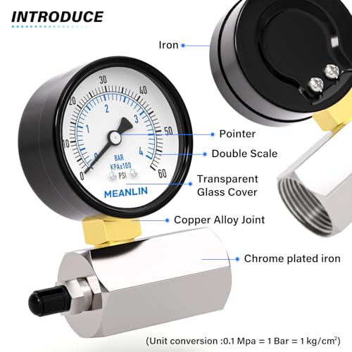 MEANLIN MEASURE 0-60Psi 2" Steel Double Graduated Air Test Pressure gauges, 3/4" FNPT Connection, -3-2-3% Accuracy - size: 0-60Psi, style: Chrome Body