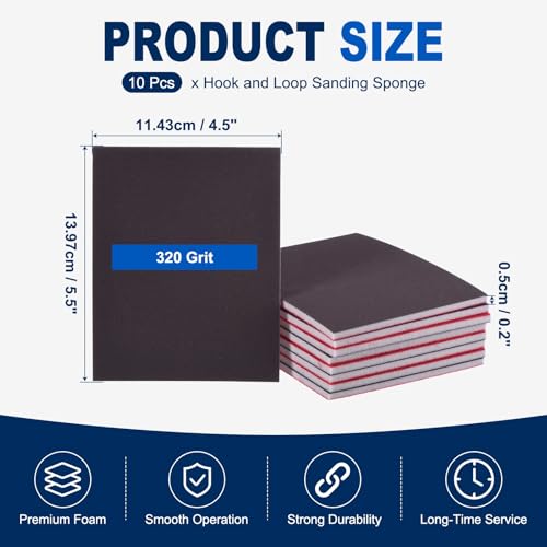 10Pcs 320Grit Sanding Sponges, 5.5x4.5In Hook & Loop Black - size: 320 Grit