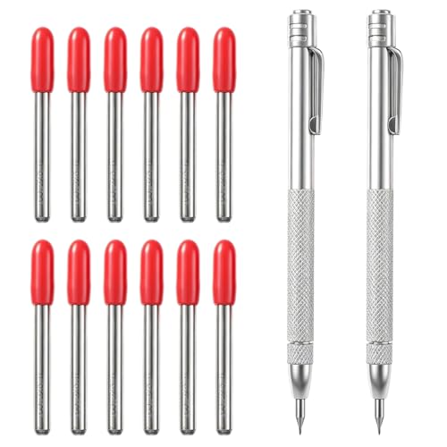 2 Pack Tungsten Carbide Scriber, Metal Scribe Tool with 12 Replacement Tips, Etching Pen with Magnet Clip, Engraving Pen for Glass Ceramics Hardened Steel Sheet Metal Marking