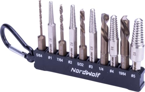 NordWolf 10-Piece M35 Cobalt Stubby Left Hand Drill Bit & Screw Extractor Set, Sizes 5/64" 7/64" 5/32" 1/4" 19/64" Reverse Twist with 1/4" Hex Shank - size: 5/64" to 19/64" (10 Pcs)