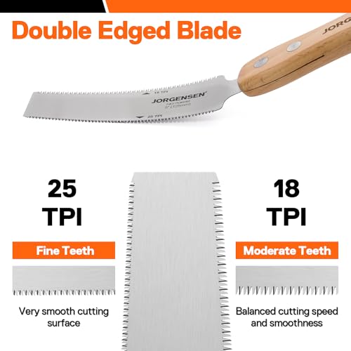 JORGENSEN Japanese Flush Cut Saw, 5 Inch Beech Handle Pull Saw, SK5 Flexible Double Edge Blade, 18/25 TPI Japanese Handsaw for Hardwood & Softwood Woodworking, Cutting, Trim Flush