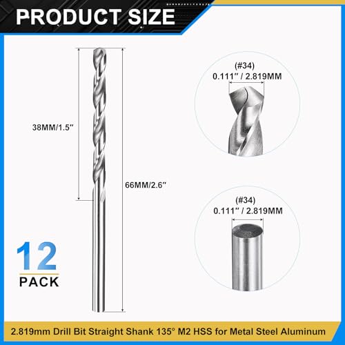 PATIKIL #34 Drill Bit Micro M2 High-Speed Steel 118° for Metal 12 Pack - size: #34 (2.819mm)