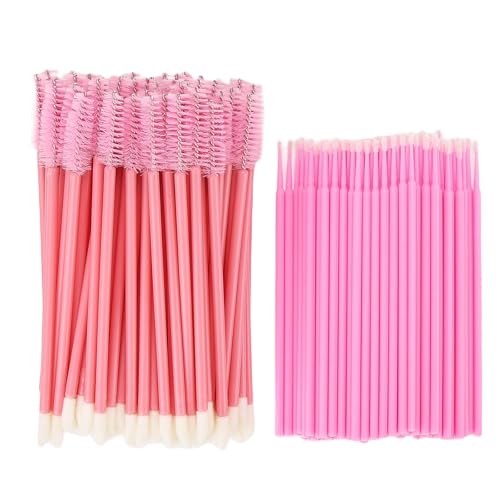 200 Pcs Spoolies Set - 100 Mascara Wands and Lip Brushes Double-headed, 100 Micro Swabs Applicator Disposable Eyelash Brushes Lipstick Tester Makeup Applicator Tool Pink - color: Pink