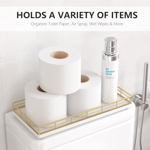 Toilet Paper Basket Organizer, Oak Wood Toilet Tank Tray with Metal Frame - color: Gold & White, size: 13" x 6.5" x 2"