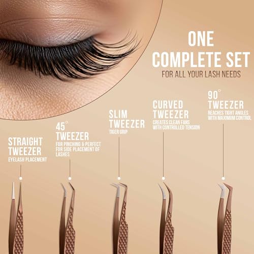 5 Pcs Fiber Tip Eyelash Extension Tweezers with Leather Case, Rose Gold - color: Metallic-rose