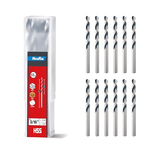 HIGHFIRE 3/16" Jobber Length Drill Bits, Pack of 12 pcs, High Speed Steel Twist Drill Bit with Storage Case, 135 Degree Tip for Wood, Metal, Steel, Plastic, Aluminum Alloy - size: 3/16 in (12 pcs)