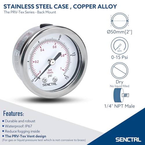 SENCTRL 0-15 Psi Low Pressure Gauge, 1/4" NPT Back Mount - size: 0-15 Psi, style: Back Mount