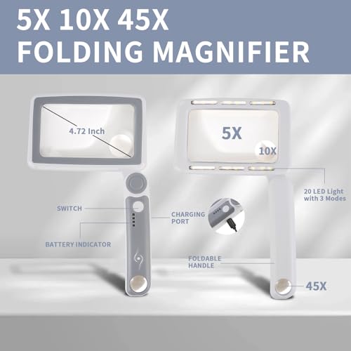 5X 10X 45X Rechargeable Magnifying Glass for Reading, Full Page Magnifier - color: Gray