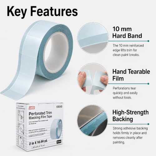 LAUCO Perforated Trim Masking Tape 69549, Molding Paint Protection, Trim Lifting Tape, Hand Tearing, 10 mm Hard Band, 50 mm x 10 m Auto Body Masking Film with High-Strength Backing 69549