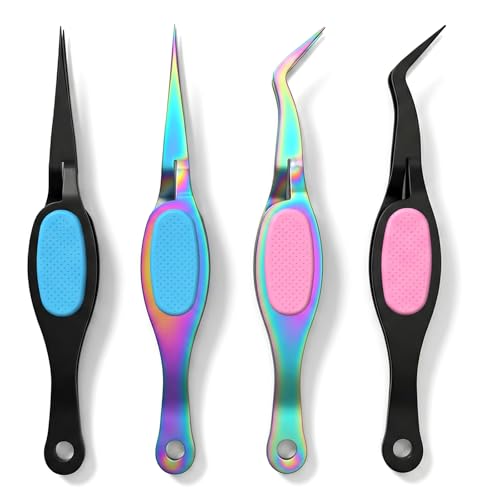 4 Pcs Reverse Tweezers for Crafting, Sticker Tweezers with Soft Grip Crossing Lock, Craft Tweezer for journaling Crafting Precision Tools for Jewelry Repair DIY Projects (Straight+Curved Tips)