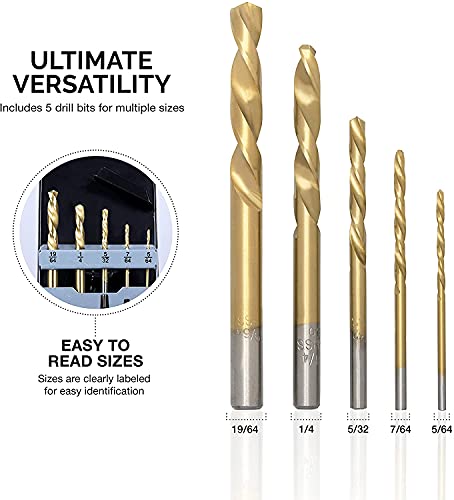 NEIKO 10113A Left-Hand Drill-Bit Set, High-Speed Steel Drills with Titanium Nitride Coating, Reverse-Twist Drill Bits, SAE Sizes, 5-Piece Set - size: 5 Piece, style: Left-Handed Drill Bit