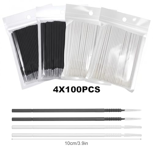 400 Pack Micro Swabs, Disposable Micro Brushes with Long Microfiber Tips for Eyelash Extensions, Makeup, Personal Care and Precision Cleaning - color: black+white