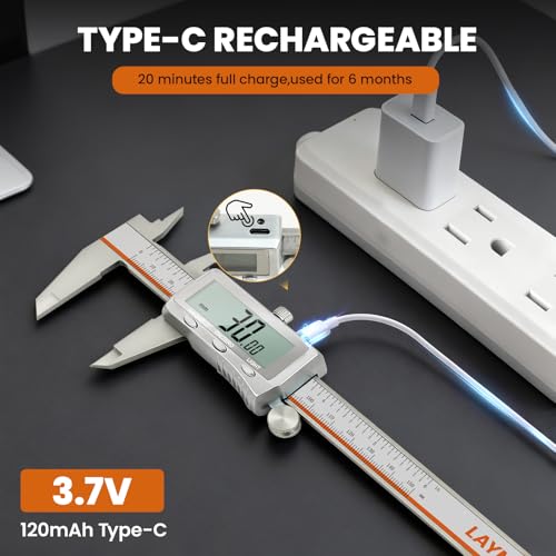 Digital Caliper, Rechargeable Digital Calipers with Backlight LCD & Auto-Off, Stainless Steel Measuring Tool, Inch/MM/Fraction Conversion for 3D Printing DIY Woodworking 6 Inch - size: 6-IN