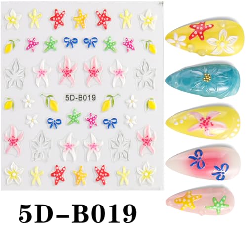 2Pcs Summer Nail Art Stickers 5D Embossed Self-Adhesive Nail Decals Starfish Bow Flower Sea Nail Design Stickers Summer Beach Theme Nails Art Supplies for Women Manicure Decorations - style: starfish flower