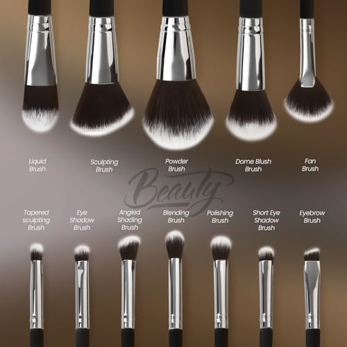 Makeup Brush Set with Case, Synthetic Bristles, Wood Handle, 12 Pcs - color: Black