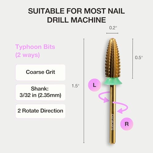 Curacoro Nail Drill Bits 3/32'' Typhoon Bits, 2 Way, Carbide Bit (Coarse) - color: Yellow Titanium - Typhoon Bit, size: Coarse