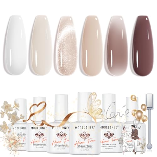 modelones Jelly Gel Nail Polish Set, Hema Free Nude White Brown Cat Eye - color: A A0 Nude Essence