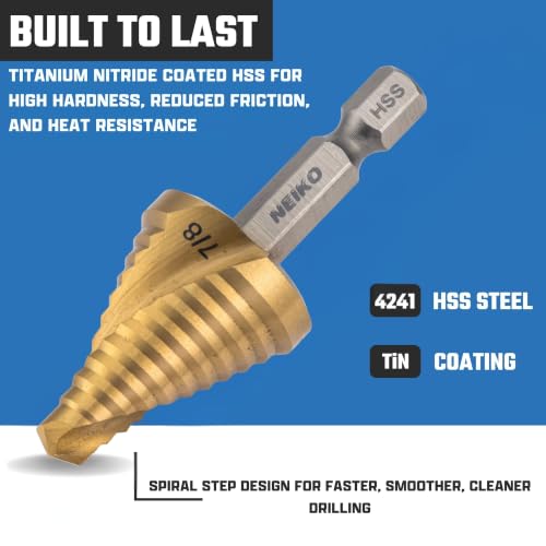 NEIKO 10621A Step Drill Bit, 1 Step 7/8" Spiral High Speed Steel, Titanium Nitride Coated, 1/4" Quick Change Step Bits for Steel, Metal, Wood, Plastic, Unibit Cone Drill Bits, Two Flute - size: #7 (7/8", 1S), style: Spiral