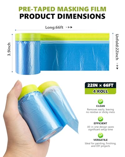 Pre-taped Automotive Masking Film for Painting - 22" x 66', 4 Rolls - size: 4 Rolls of 22" x 66'
