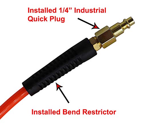 YOTOO Polyurethane Recoil Air Hose 1/4 in by 25 ft with Bend Restrictor, 1/4" Industrial Quick Coupler and Plug, Orange - color: Orange
