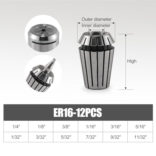 12PCS ER16 Spring Collet Set for CNC Engraving Milling Lathe Chuck Tool Size includes:1/4",1/8",3/8",1/16",3/16",5/16",1/32",3/32",5/32",7/32",9/32"11/32" (ER16) - size: ER16