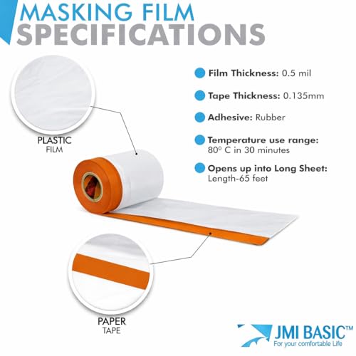 Pre-Taped Masking Film Sets - Multi Pack, Orange Tape and Drape Painters Plastic Sheeting for Painting, High Visibility Paint Plastic Covering Overspray Protection - 65 Feet (3, 94 Inch) - size: 94 Inch