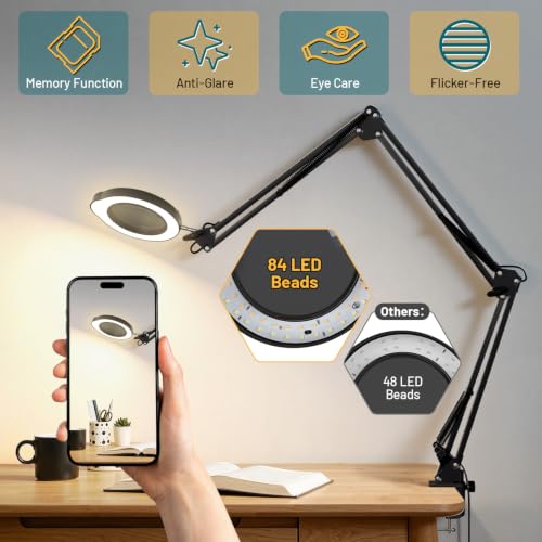 15X LED Magnifying Glass with Light and Clamp, 3-Section Arm