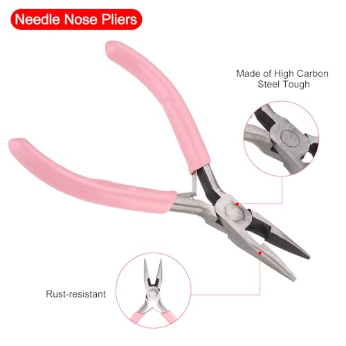 HARFINGTON Needle Nose Pliers 5" Mini Jewelry Pliers with Cutter & Non-slip PVC Handle Thin Precision Jewelry Flat Jaw for Beading Tool Hobby Craft, Pink