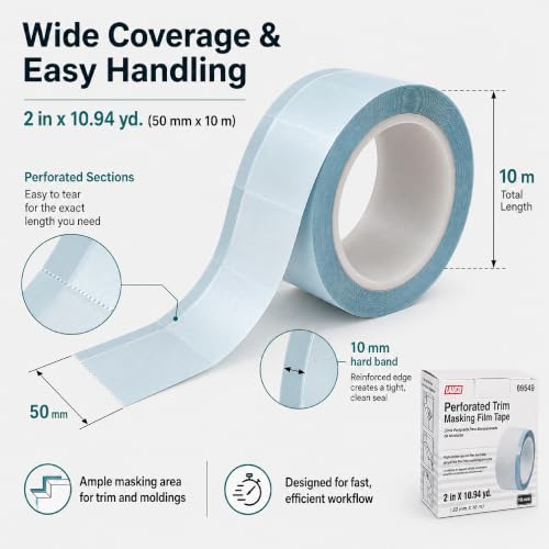 LAUCO Perforated Trim Masking Tape 69549, Molding Paint Protection, Trim Lifting Tape, Hand Tearing, 10 mm Hard Band, 50 mm x 10 m Auto Body Masking Film with High-Strength Backing 69549