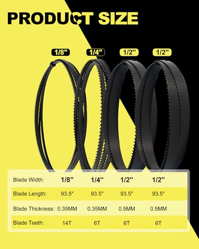 93-1/2 Inch Band Saw Blades Assortment for Woodworking, Premium SK5 Carbon Steel Bandsaw Blade 4-Pack (1/2" 6TPI x2, 1/4" 6TPI, 1/8" 14TPI), Fits Most 14" Band Saws for Resawing & Contour Cut - size: 1/2" 6TPI+1/8" 14TPI+1/4" 6TPI
