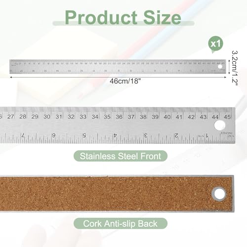 PATIKIL Stainless Steel Ruler Cork Backed, 18 Inch Straight Edge Ruler Non-Slip Cork Backing with Inch and Centimeter Scale for Office Engineering Drawing - size: 18 Inch