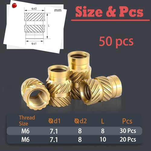 50PCS Brass Heat Set Nuts, M6 Threaded Inserts Assortment - size: M6*8*8,M6*10*8(50psc)