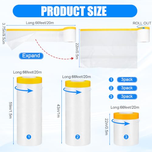 Seajan 9 Roll Pre-Taped Painters Plastic, Masking Film, White, 3 Size - size: 22/43/59in X 66ft