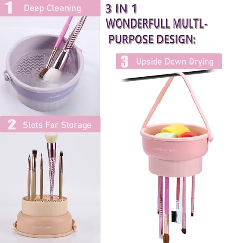 Makeup Brush Cleaner Mat 3 in 1 Make Up Brush Cleaning Bowl (Pink) - color: Pink