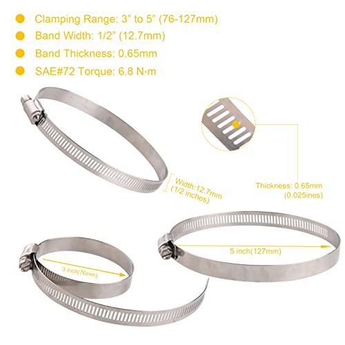 Winlong Stainless Steel 4'' Hose Clamps, 8 Pack, Range 3" to 5" (76-127mm) - size: SAE#72 (3" ~ 5") 8PK