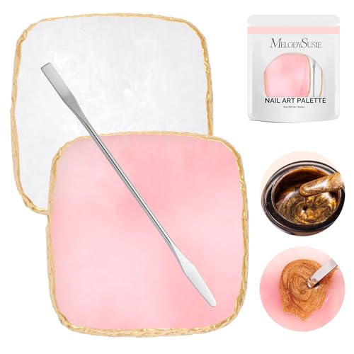 MelodySusie 2Pcs Square Resin Nail Art Palette with Spatula Pink White - size: 2PCS Square Shape.