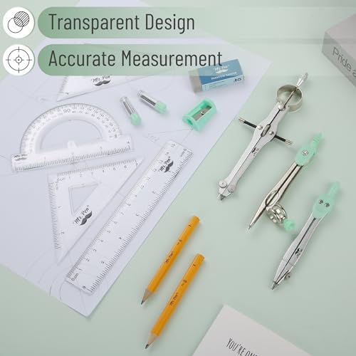 Mr. Pen- Geometry Set, 13 pcs, 3 Metal Compasses, Protractor, 6" Ruler | 45° & 30°/60° Set Squares, Pencils, Lead Refills, Sharpener & Eraser for Math, Drafting & Classroom Use - color: Mint Green