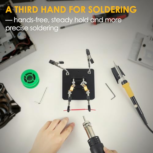 Helping Hands Soldering Station Holder with Iron Holder, Third Hand Tool with 4×4" Metal Non-slip Base, Storage Box and Adjustable Arms, Clamp Stand for Electronics, PCB Repair and DIY, Craft