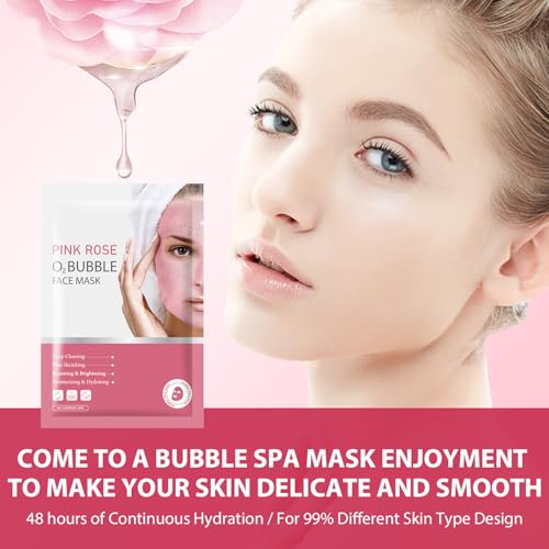 IREV Pack of 10 Pink Rose O2 Bubble Face Masks Skincare, Spa Presents for Women, Bubble Face Sheet Mask Cleaner Foaming Purifying Facial Mask for Acne and Pores Moisturizing Beauty Sheet Masks