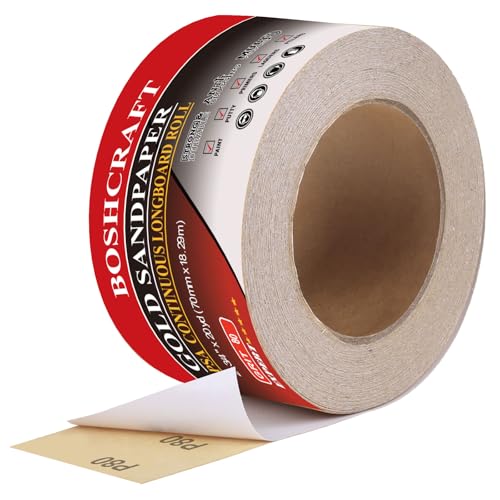 BOSHCRAFT 80 Grit PSA Longboard Sandpaper, 20-Yard Long Continuous Roll 2-3/4" Wide Self-Adhesive Sanding Paper for Auto Body Woodworking Metalworking - size: 80 grit