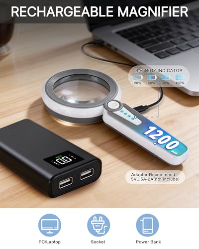 45X Magnifying Glass with Light, 4.6" Rechargeable Handheld Magnifier - color: Gray